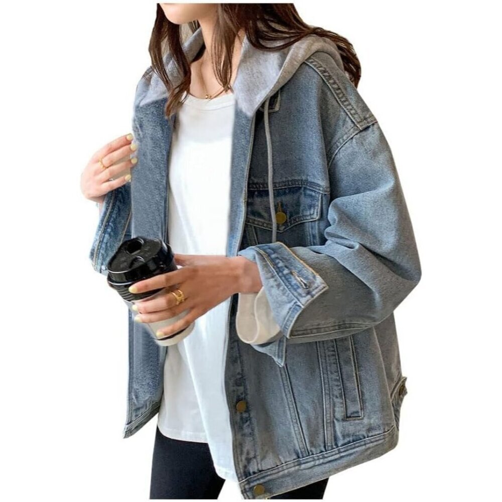 Women's Denim Jacket With Hood Oversized Distressed Jean Jackets Hoodie Blue